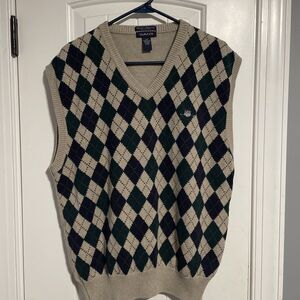 Men Gant Gray V-Neck Argyle Diamond 100% Cotton Sweater Size L